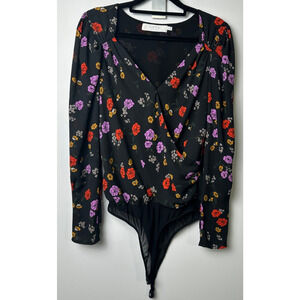 Astr The Label, Women’s Black Floral Bodysuit, Size M Long Sleeve B19